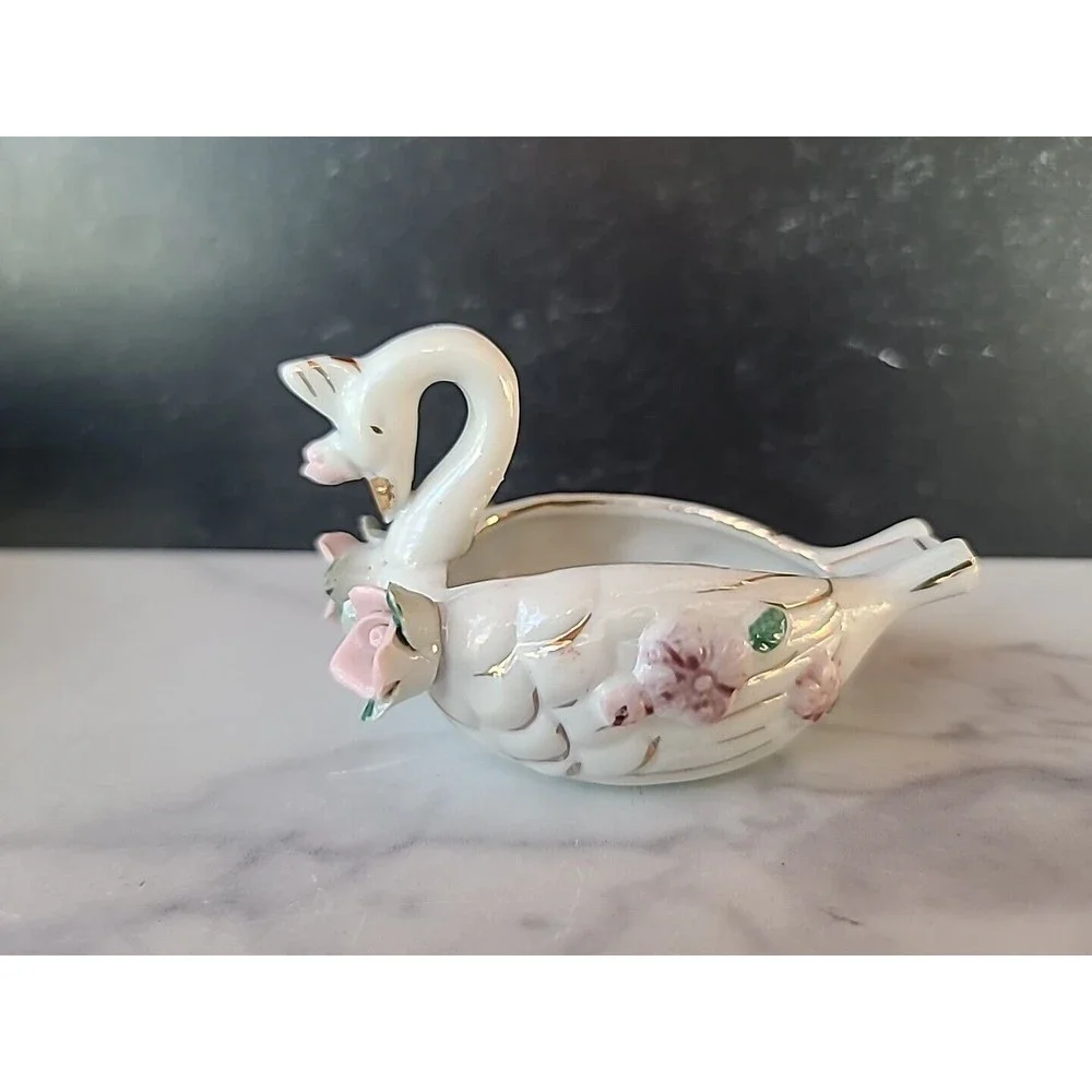 Vintage Ceramic Swan Trinket Dish With Capodimonte Flowers